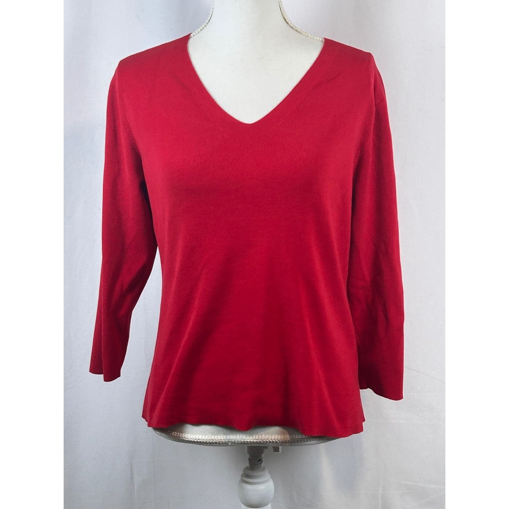 Josephine Chaus Sweater Women L Red Excellent Silk Blend V-Neck 3/4 Sleeve Top